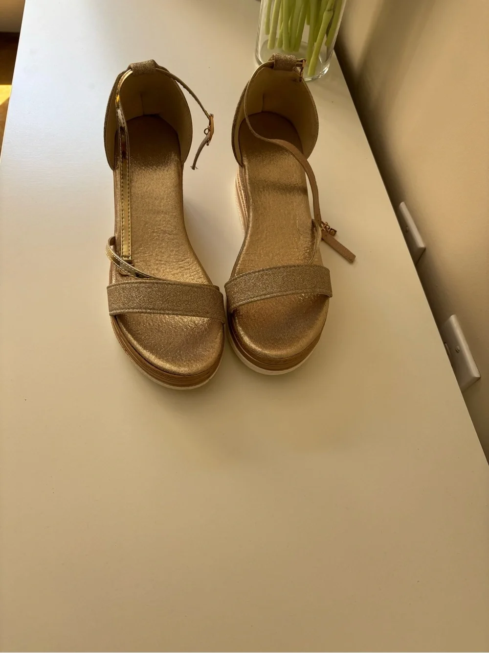 Gold Glitter and Tan Wedge Sandals with Ankle Strap